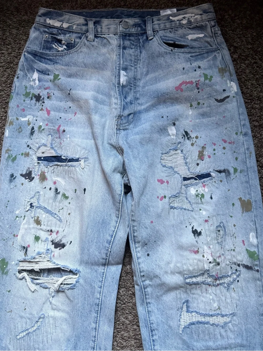 MNML Light Blue Distressed Paint-Splatter Jeans